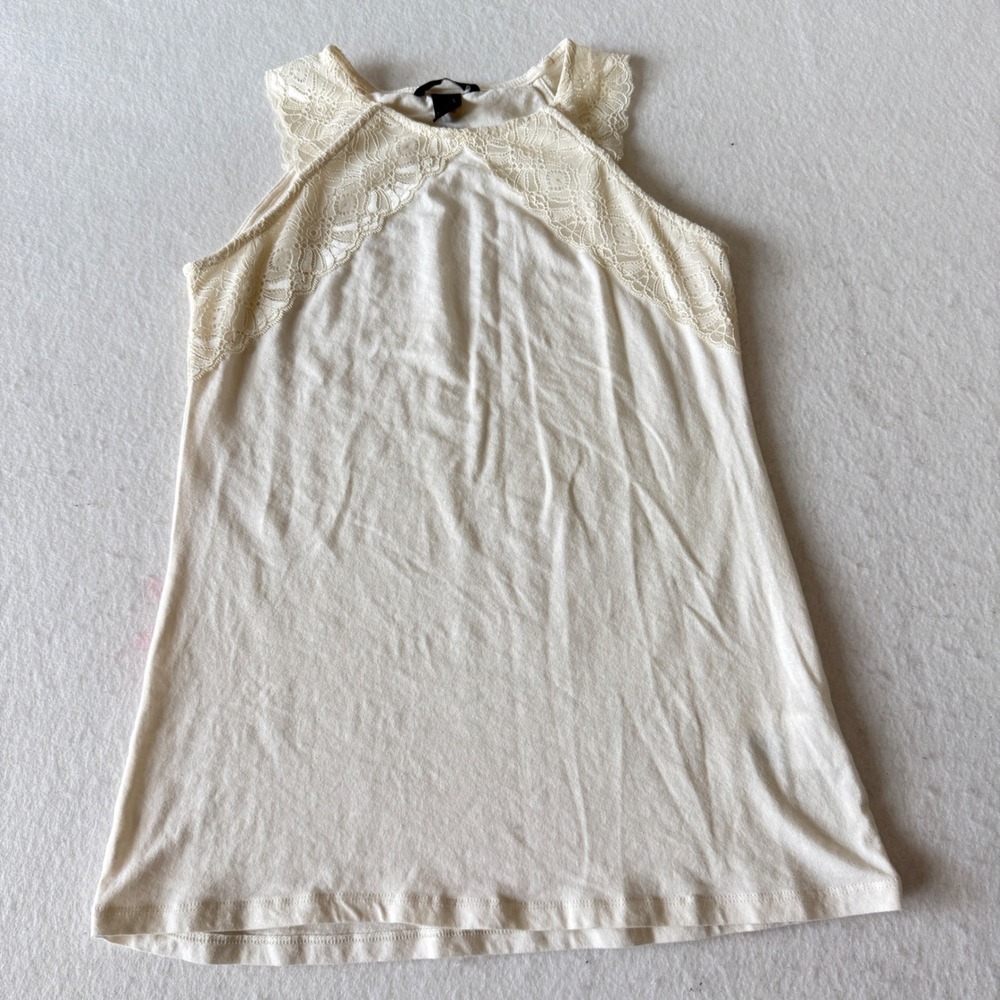 H&M Cream Lace Yoke Sleeveless Tank Top Women Medium High Neck Blouse Slim Boho